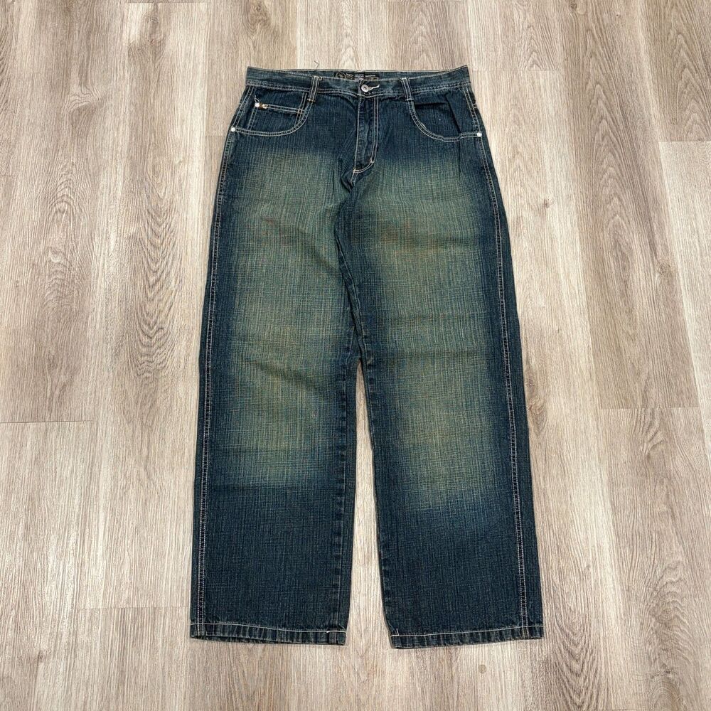 Vintage 2000s Y2K Southpole Blue Wash Faded Gold Tab Wide Leg Jeans Men Sz 36X33